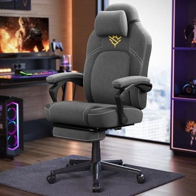 SONGMICS HOME Fauteuil Gaming, Chaise de Bureau Ergonomique avec Repose-Pieds, Chaise Gamer avec Appui-tête, Coton-Lin, Hauteur Réglable, Gris Tourterelle OBG072G01
